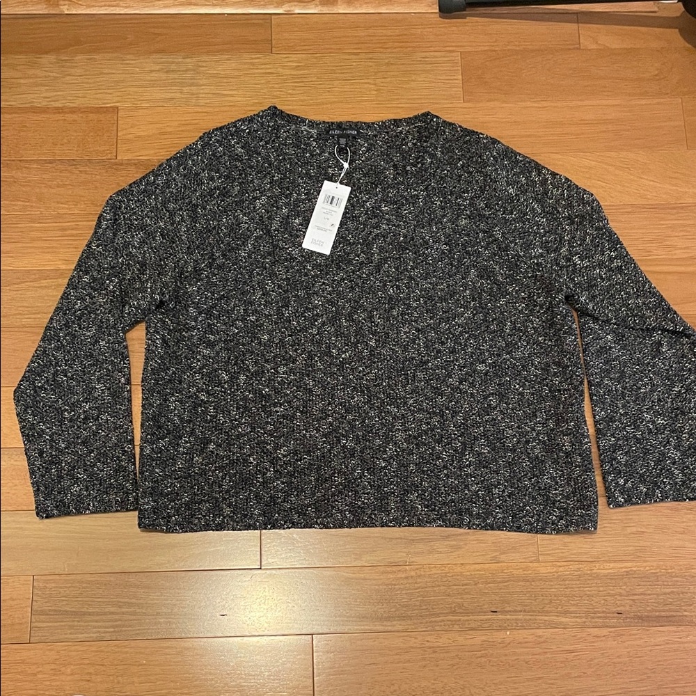Eileen Fisher Charcoal and Cream round neck Knit Top Large NWT